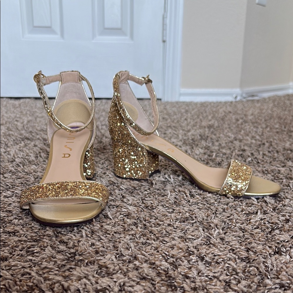Gold Glitter Block Heel Sandals